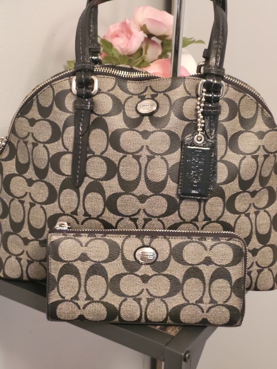 Coach Handbags - Coach Peyton Signature Cora Domed Satchel and Zip Wallet Set in Tan/Black